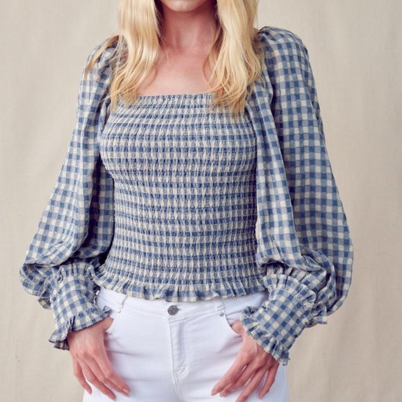 &merci Gingham Square Neck Smocked Balloon Sleeve Top - Picture 5 of 5